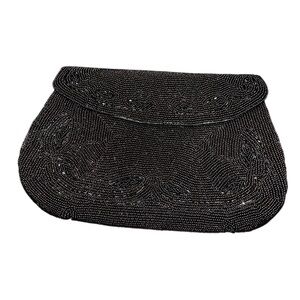 Vintage Hasi Hato Black Beaded Evening Clutch Purse. made in Japan